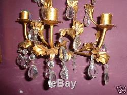 Vintage Italian French Gold Gilt Ornate Candle Holder Wall Sconce Crystal Prism