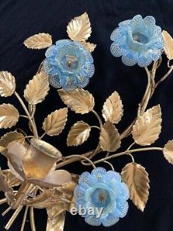Vintage Italian Gilt Tole Candelabra Wall Sconce with Blue Glass Flowers