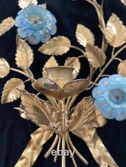 Vintage Italian Gilt Tole Candelabra Wall Sconce with Blue Glass Flowers