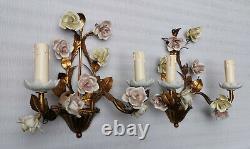Vintage Italian Gilt Tole Porcelain Flowers Roses Pair Wall Sconces Light