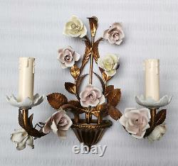 Vintage Italian Gilt Tole Porcelain Flowers Roses Pair Wall Sconces Light