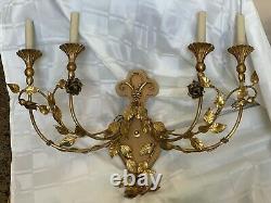 Vintage Italian Gold Gilt Tole French Fleur De Lis Wall Sconce Candelabra Lamp