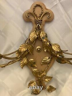 Vintage Italian Gold Gilt Tole French Fleur De Lis Wall Sconce Candelabra Lamp