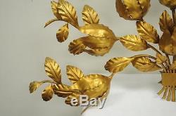 Vintage Italian Hollywood Regency Gold Leaf Tole Metal Wall Sconce Light Lamp