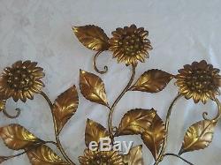 Vintage Italian Hollywood Regency Gold Leaf Tole Metal Wall Sconce Light Lamp