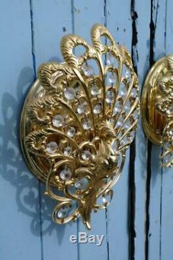 Vintage Italian Hollywood Regency Peacock Wall Sconces Gold Gilt Glass 70's BoHo