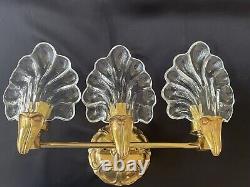 Vintage Italian Leaf Frond Crystal Clear Brass Wall Sconce Vanity