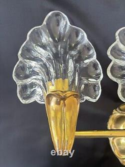 Vintage Italian Leaf Frond Crystal Clear Brass Wall Sconce Vanity