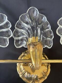 Vintage Italian Leaf Frond Crystal Clear Brass Wall Sconce Vanity