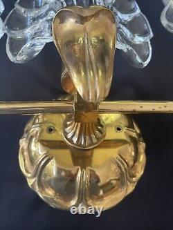 Vintage Italian Leaf Frond Crystal Clear Brass Wall Sconce Vanity