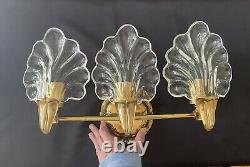 Vintage Italian Leaf Frond Crystal Clear Brass Wall Sconce Vanity