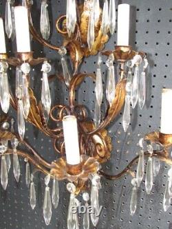 Vintage Italian Metal Gilt Gold Tole Leaf 10 Light 80 Crystal Wall Sconce 30