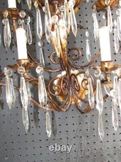 Vintage Italian Metal Gilt Gold Tole Leaf 10 Light 80 Crystal Wall Sconce 30