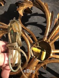 Vintage Italian Mid Century Gold Leaf Tole Metal Wall Sconce 4 Light Lamp Art