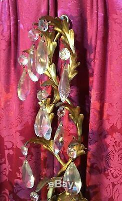 Vintage Italian Style Gold Gilt Leaf Candle Wall Sconce With Prisms