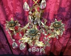 Vintage Italian Style Gold Gilt Leaf Candle Wall Sconce With Prisms