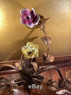 Vintage, Italian Tole & Porcelain Rose, Single Elegant Wall Sconce Light