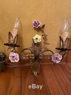 Vintage, Italian Tole & Porcelain Rose, Single Elegant Wall Sconce Light
