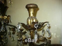 Vintage Italian Tole Wall Candelabra Sconce 49 Wide Gold Gilt 115 Crystals