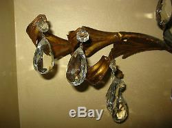 Vintage Italian Tole Wall Candelabra Sconce 49 Wide Gold Gilt 115 Crystals