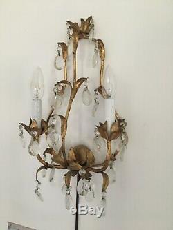 Vintage Italian Tole Wall Sconce Prisms Gold Gilt Crystals