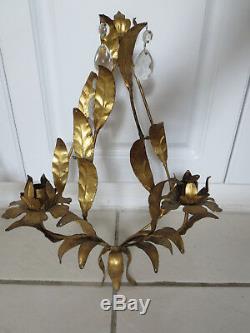 Vintage Italy Gold Gilt Tole Metal Rose & Leaf Wall Sconce Candle Holder