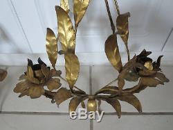 Vintage Italy Gold Gilt Tole Metal Rose & Leaf Wall Sconce Candle Holder