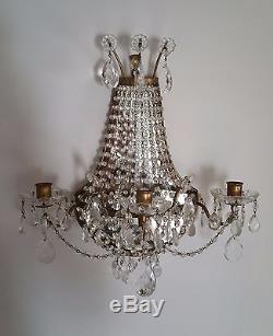 Vintage Italy Mirrored Gold Gilt Brass and Crystal Chandelier Sconce wall beaded