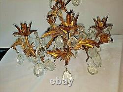 Vintage Italy Wall 3 Candle Sconce Crystal Prisms Gold Gilt