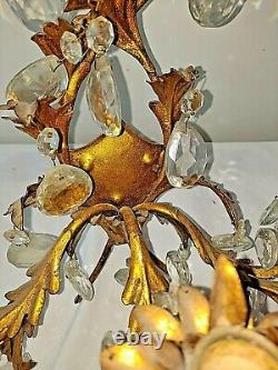 Vintage Italy Wall 3 Candle Sconce Crystal Prisms Gold Gilt