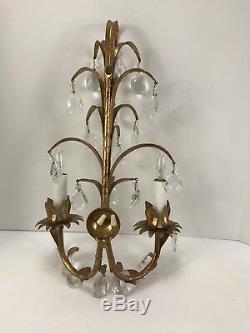 Vintage Italy Wall Sconce 2 Arms 22 Crystal Prisms Gilt