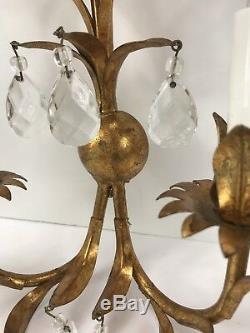 Vintage Italy Wall Sconce 2 Arms 22 Crystal Prisms Gilt