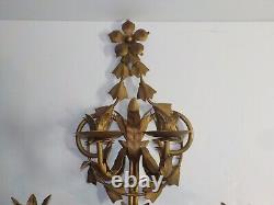 Vintage Large Italian Tall Metal Gold Wall Sconce Candle Holder Regency Heavy