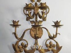 Vintage Large Italian Tall Metal Gold Wall Sconce Candle Holder Regency Heavy