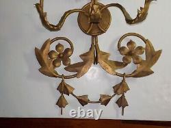 Vintage Large Italian Tall Metal Gold Wall Sconce Candle Holder Regency Heavy