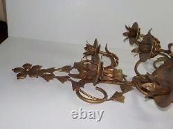 Vintage Large Italian Tall Metal Gold Wall Sconce Candle Holder Regency Heavy