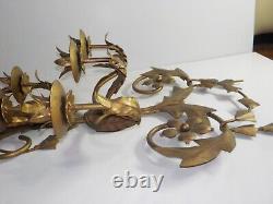 Vintage Large Italian Tall Metal Gold Wall Sconce Candle Holder Regency Heavy