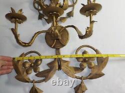 Vintage Large Italian Tall Metal Gold Wall Sconce Candle Holder Regency Heavy