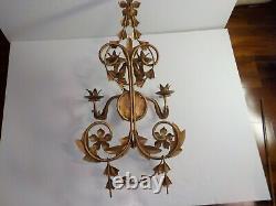 Vintage Large Italian Tall Metal Gold Wall Sconce Candle Holder Regency Heavy