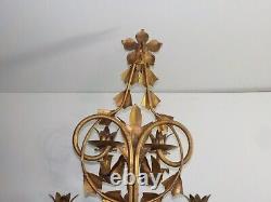 Vintage Large Italian Tall Metal Gold Wall Sconce Candle Holder Regency Heavy