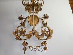 Vintage Large Italian Tall Metal Gold Wall Sconce Candle Holder Regency Heavy