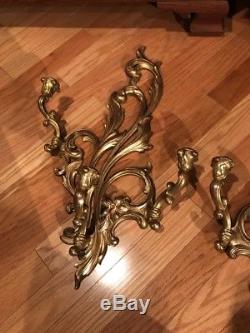Vintage Large Pair Hollywood Regency Syroco Gold Wall Sconce Candle Holders