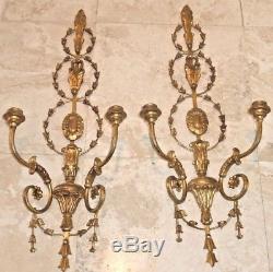 Vintage Large Pair Of Gold Gilt Wood Decorative Candle Wall Sconces Italy 31.5