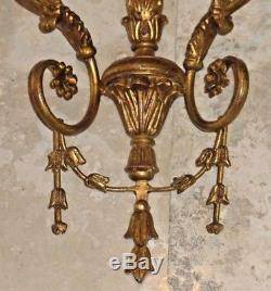 Vintage Large Pair Of Gold Gilt Wood Decorative Candle Wall Sconces Italy 31.5