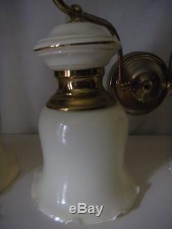 Vintage Large Pair Porcelain Wall Lights, Sconces With Glass Shades & Gold Trim