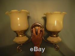 Vintage Large Pair Porcelain Wall Lights, Sconces With Glass Shades & Gold Trim