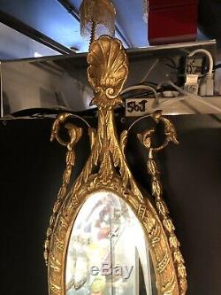 Vintage MCM Hollywood Regency Gilt Oval Italian Two Light Wall Mirror Sconce