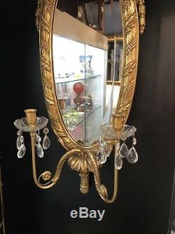 Vintage MCM Hollywood Regency Gilt Oval Italian Two Light Wall Mirror Sconce