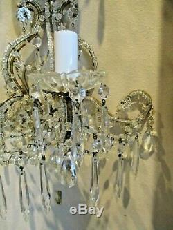 Vintage Matched Pair Italian Beaded Iron and Crystal Wall Sconces circa 1960s