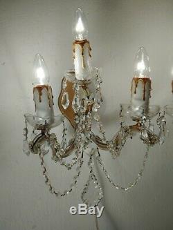 Vintage Matched Pair Italian Iron and Crystal Wall Sconces circa 1930s